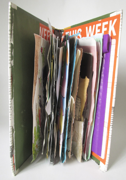 Title: first Junk Journal, openDimensions: 3.5x6.5x9.5Materials: book cover, paper, glue, waxed string, elastic cord, magazine cutouts, s...