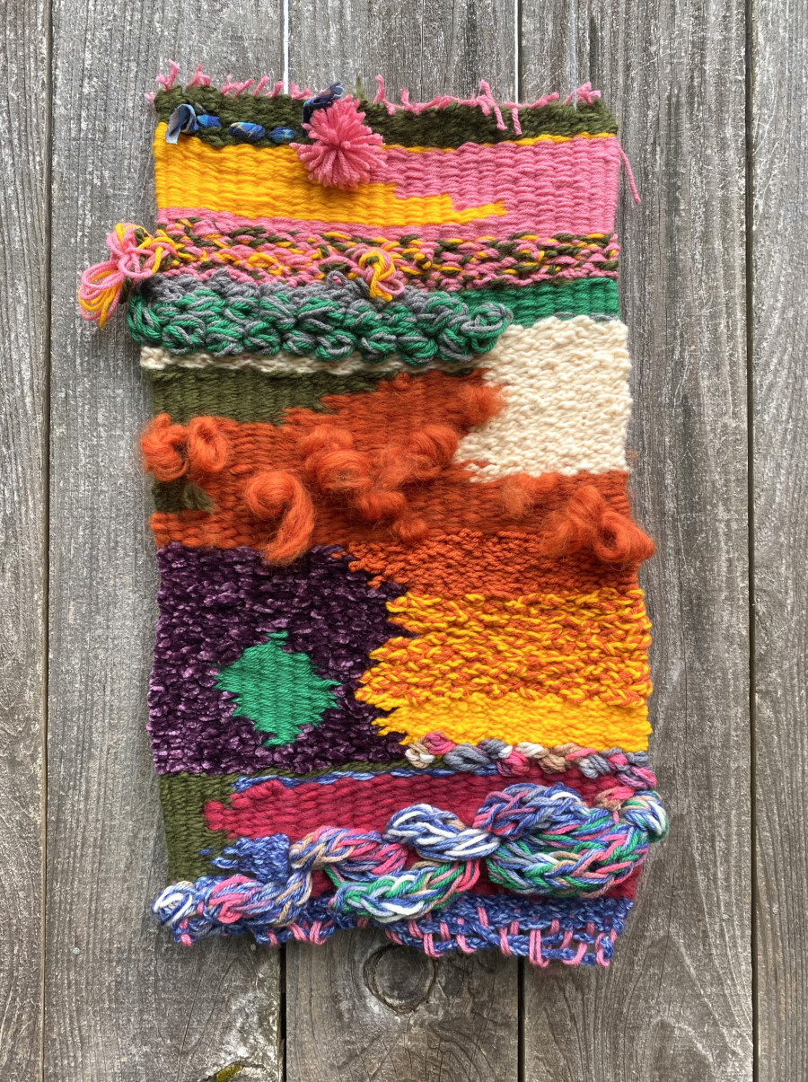 Self-soothing: 21”x13, fabric, wool, and acrylic yarn