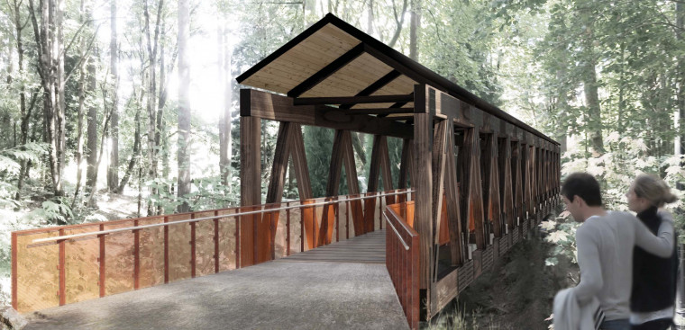 An architectural rendering of the Howard Bridge shows a gabled roof to keep the bridge deck dry and slip-free, while extending the life o...