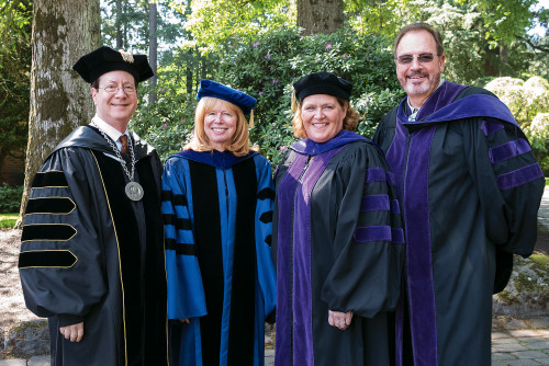 President Barry Glassner, Dean Jennifer Johnson, U.S. Sen. Heidi Heitkamp '80, and Trustee and Chair of the Board of Visitors Mark Tratos '79