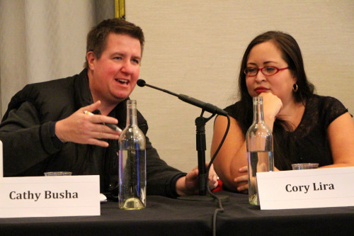 Size Matters moderator L&C director Cathy Busha with panelist Cory Lira.