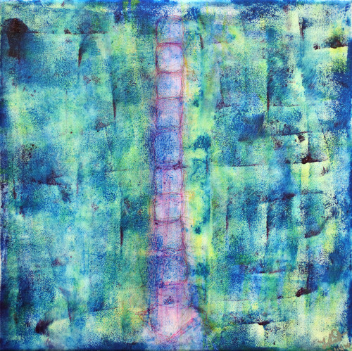 Title: ReconstructionDimensions: 12”x12?Materials: acrylic on canvas w/ brayer, watercolor ink