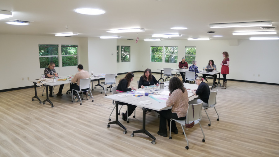 The new Art Therapy studio space at the Community Counseling Center combines natural light, picturesque window views of the forest, and a sp