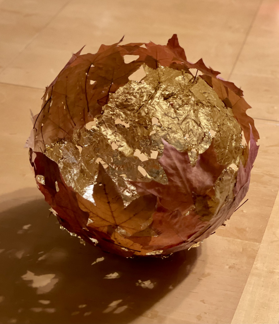 Art Inside 13” diameter open globe Leaves, wood glue, metal leaf adhesive, gold leaf (imitation)