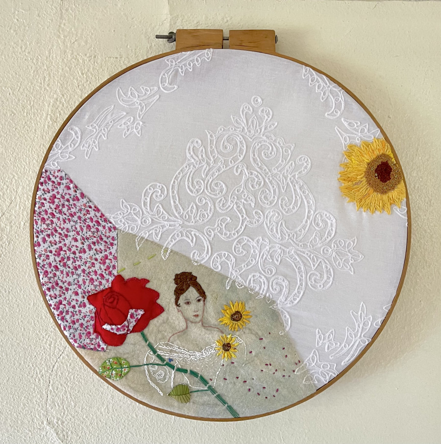 a step into art (response art) 22” x 22? Sewing hoop, embroidery floss, flower pattern fabr...