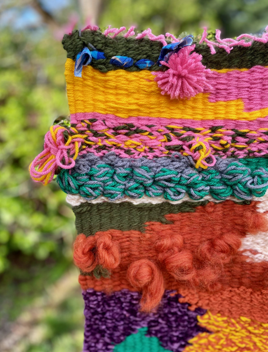 Self-soothing: 21”x13, fabric, wool, and acrylic yarn