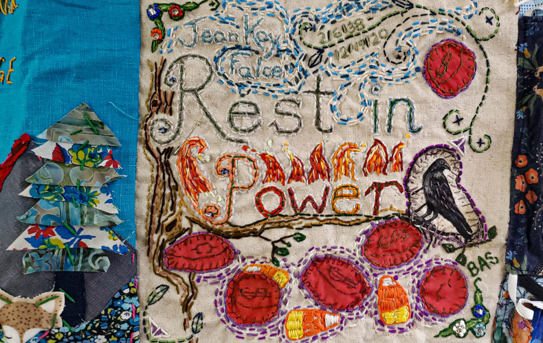 A square from Art Therapy's Pandemic Quilt reads Rest in Power.